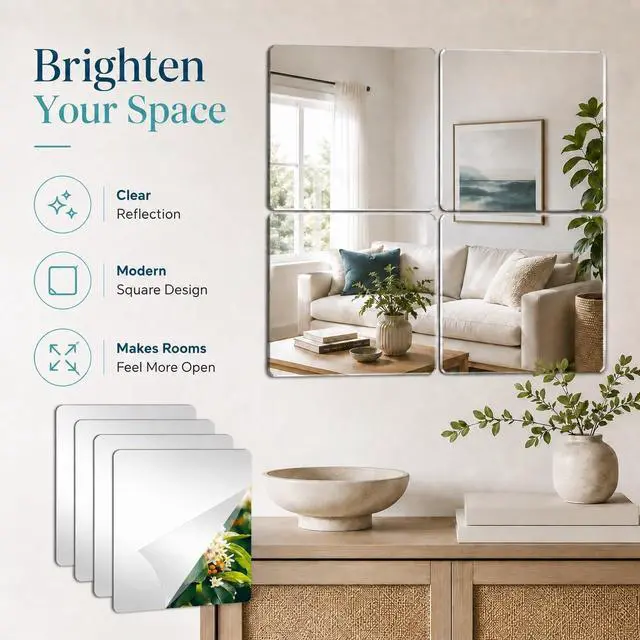 Alt view image 2 of 7 - 4 Packs Peel and Stick Mirrors for Wall, Self Adhesive Acrylic Mirror Tiles