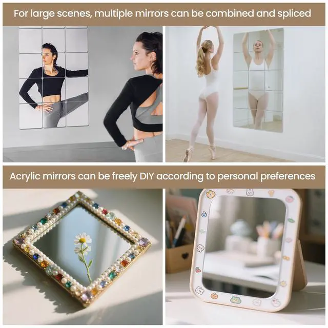 Alt view image 4 of 7 - 4 Packs Peel and Stick Mirrors for Wall, Self Adhesive Acrylic Mirror Tiles