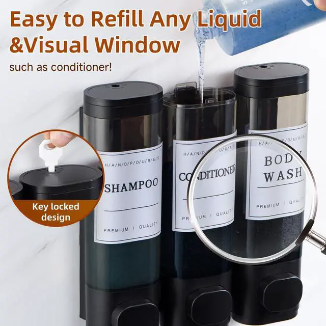 Alt view image 7 of 7 - Shampoo and Conditioner Dispenser,Shower Soap Dispenser 3 Chamber No Drill Wall-Mounted Shampoo Dispenser for Shower Wall Mounted Shower Dispenser for Bathroom Hotel Large Capacity,Black