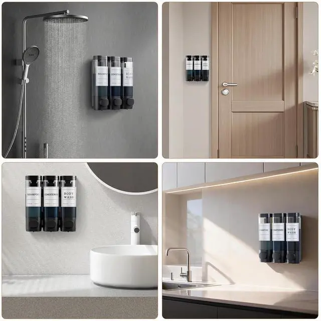 Alt view image 6 of 7 - Shampoo and Conditioner Dispenser,Shower Soap Dispenser 3 Chamber No Drill Wall-Mounted Shampoo Dispenser for Shower Wall Mounted Shower Dispenser for Bathroom Hotel Large Capacity,Black
