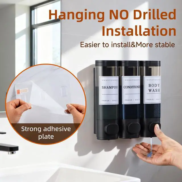 Alt view image 5 of 7 - Shampoo and Conditioner Dispenser,Shower Soap Dispenser 3 Chamber No Drill Wall-Mounted Shampoo Dispenser for Shower Wall Mounted Shower Dispenser for Bathroom Hotel Large Capacity,Black