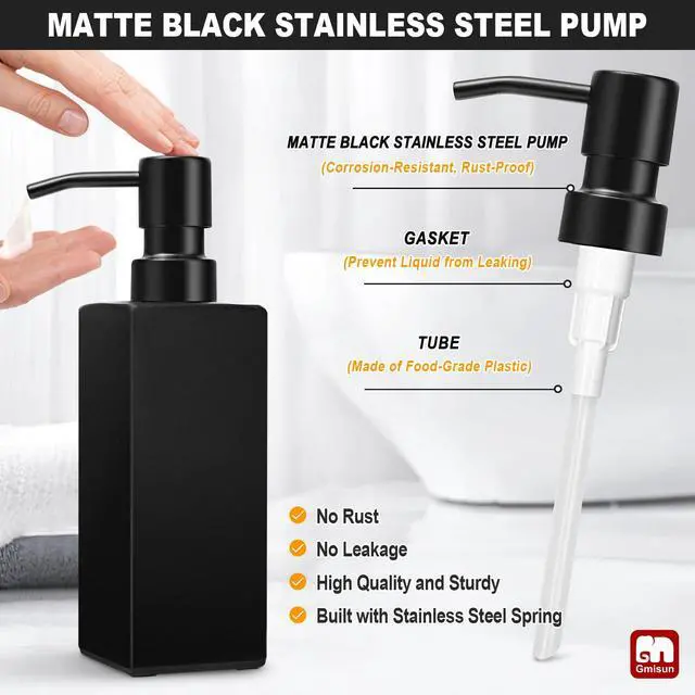 Alt view image 3 of 7 - Black Soap Dispenser Bathroom, Glass Hand Soap Dispenser with Stainless Steel Pump, 12 fl oz/350ml Refillable Dish Dispensers for Kitchen, Modern Liquid Lotion Bottles for Bathroom Countertop