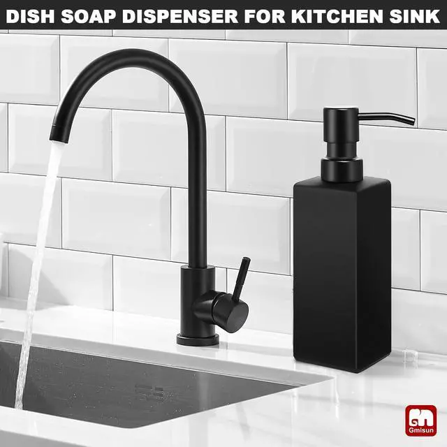 Alt view image 4 of 7 - Black Soap Dispenser Bathroom, Glass Hand Soap Dispenser with Stainless Steel Pump, 12 fl oz/350ml Refillable Dish Dispensers for Kitchen, Modern Liquid Lotion Bottles for Bathroom Countertop