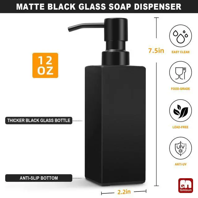 Alt view image 2 of 7 - Black Soap Dispenser Bathroom, Glass Hand Soap Dispenser with Stainless Steel Pump, 12 fl oz/350ml Refillable Dish Dispensers for Kitchen, Modern Liquid Lotion Bottles for Bathroom Countertop