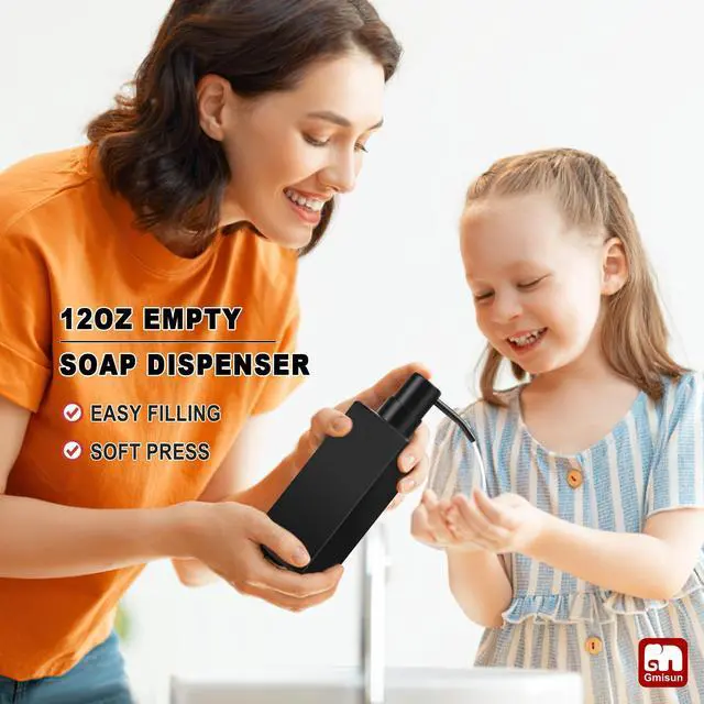 Alt view image 7 of 7 - Black Soap Dispenser Bathroom, Glass Hand Soap Dispenser with Stainless Steel Pump, 12 fl oz/350ml Refillable Dish Dispensers for Kitchen, Modern Liquid Lotion Bottles for Bathroom Countertop