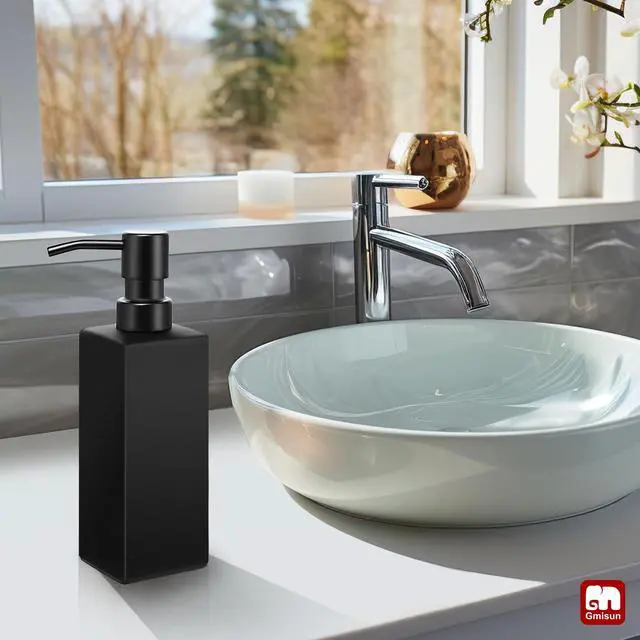 Alt view image 6 of 7 - Black Soap Dispenser Bathroom, Glass Hand Soap Dispenser with Stainless Steel Pump, 12 fl oz/350ml Refillable Dish Dispensers for Kitchen, Modern Liquid Lotion Bottles for Bathroom Countertop