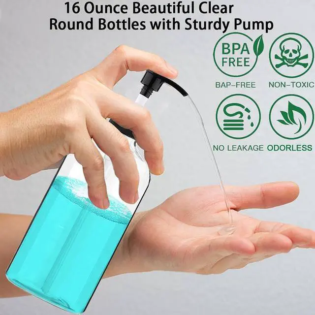 Alt view image 4 of 7 - Empty Plastic Pump Bottles Dispenser 4 Pack 16oz/500ml Portable Clear BPA-Free Cylinder Shampoo Lotion Hand Pump Bottle Durable Refillable Containers