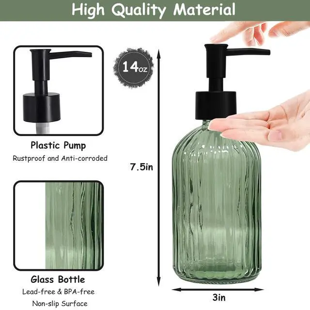 Alt view image 2 of 6 - Green Glass Soap Dispenser Set with Black Pump, 13.5oz, 2 Pack
