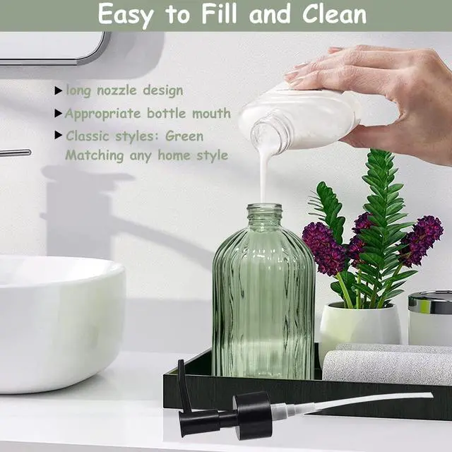 Alt view image 3 of 6 - Green Glass Soap Dispenser Set with Black Pump, 13.5oz, 2 Pack