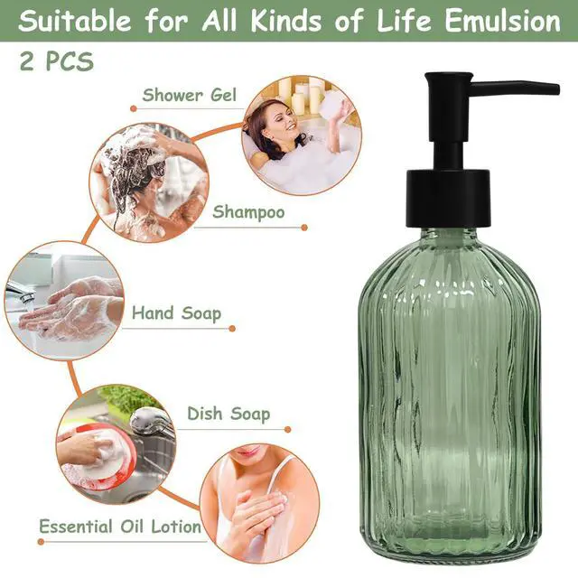 Alt view image 4 of 6 - Green Glass Soap Dispenser Set with Black Pump, 13.5oz, 2 Pack