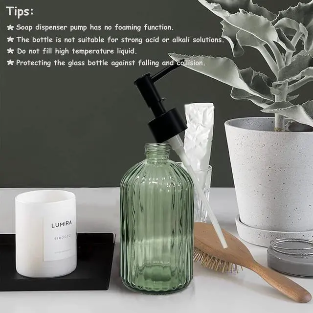 Alt view image 6 of 6 - Green Glass Soap Dispenser Set with Black Pump, 13.5oz, 2 Pack