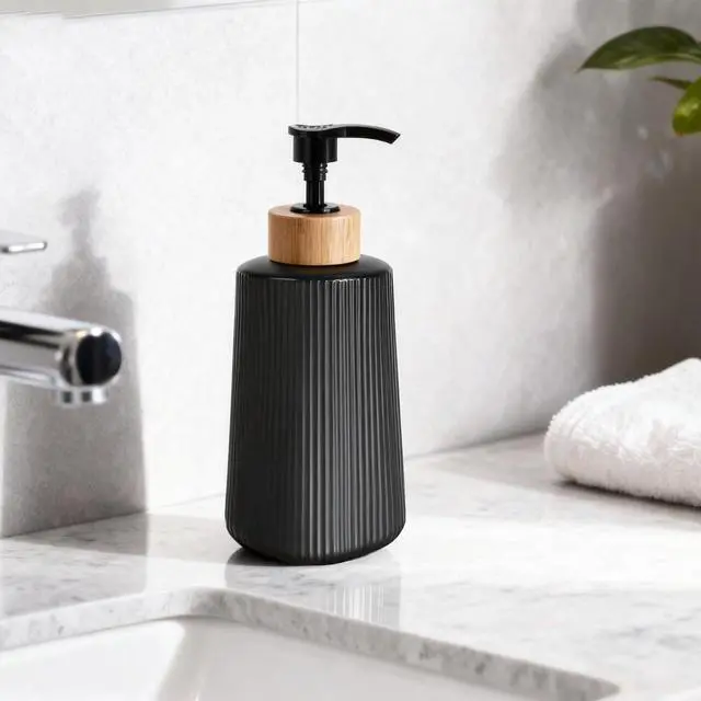 Alt view image 3 of 6 - Glass Soap Dispenser, Thickened Glass Hand Soap Dispenser for Bathroom, Kitchen Dish Washing Liquid Bottles, Shampoo and Conditioner Bottles, Modern Farmhouse Style, (Black, Set of 1, 12oz)
