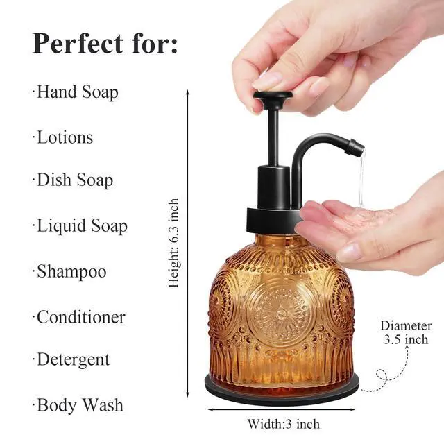 Alt view image 2 of 7 - 8 Oz Vintage Glass Bathroom Soap Dispensers with Pump, Refillable Kitchen Dish Soap Dispenser with Non-Slip Mat, Antique Rustic Hand Soap Liquid Bottle (Brown-Black Pump)
