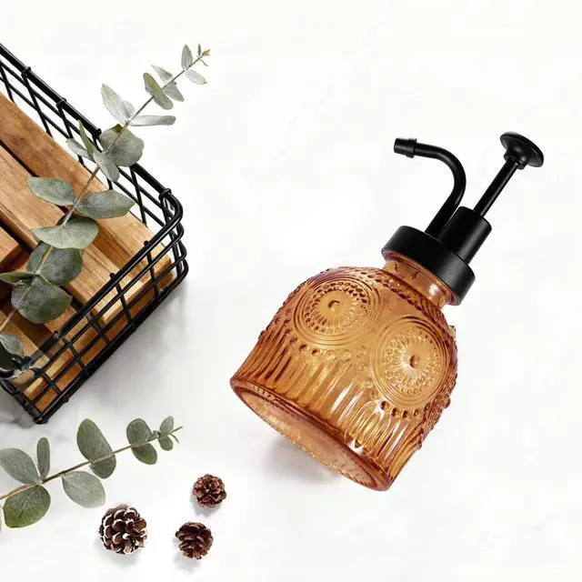 Alt view image 3 of 7 - 8 Oz Vintage Glass Bathroom Soap Dispensers with Pump, Refillable Kitchen Dish Soap Dispenser with Non-Slip Mat, Antique Rustic Hand Soap Liquid Bottle (Brown-Black Pump)