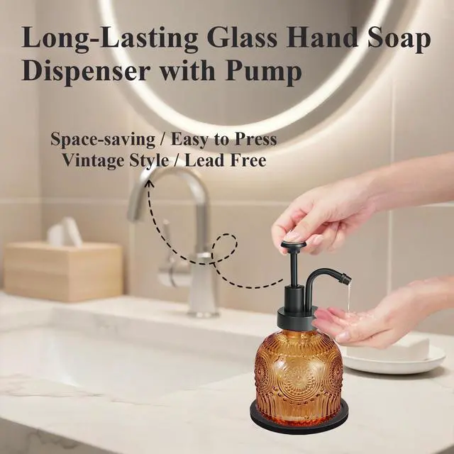 Alt view image 4 of 7 - 8 Oz Vintage Glass Bathroom Soap Dispensers with Pump, Refillable Kitchen Dish Soap Dispenser with Non-Slip Mat, Antique Rustic Hand Soap Liquid Bottle (Brown-Black Pump)