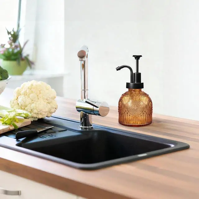 Alt view image 5 of 7 - 8 Oz Vintage Glass Bathroom Soap Dispensers with Pump, Refillable Kitchen Dish Soap Dispenser with Non-Slip Mat, Antique Rustic Hand Soap Liquid Bottle (Brown-Black Pump)