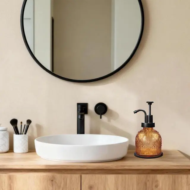 Alt view image 6 of 7 - 8 Oz Vintage Glass Bathroom Soap Dispensers with Pump, Refillable Kitchen Dish Soap Dispenser with Non-Slip Mat, Antique Rustic Hand Soap Liquid Bottle (Brown-Black Pump)
