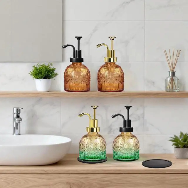 Alt view image 7 of 7 - 8 Oz Vintage Glass Bathroom Soap Dispensers with Pump, Refillable Kitchen Dish Soap Dispenser with Non-Slip Mat, Antique Rustic Hand Soap Liquid Bottle (Brown-Black Pump)