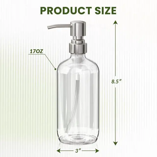 Alt view image 5 of 7 - Soap Dispenser, 2 Pack Glass Soap Dispenser with Pump Stainless Steel, 17 Oz Hand Soap Bottles Bathroom Kitchen, Clear