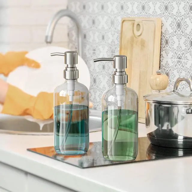 Alt view image 6 of 7 - Soap Dispenser, 2 Pack Glass Soap Dispenser with Pump Stainless Steel, 17 Oz Hand Soap Bottles Bathroom Kitchen, Clear