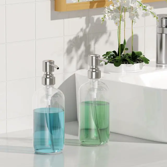 Alt view image 7 of 7 - Soap Dispenser, 2 Pack Glass Soap Dispenser with Pump Stainless Steel, 17 Oz Hand Soap Bottles Bathroom Kitchen, Clear