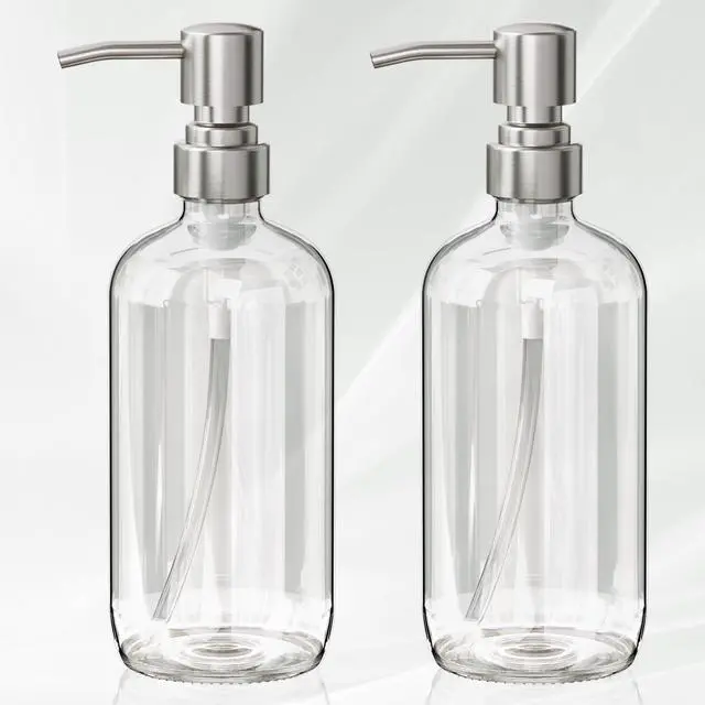 Main image of Soap Dispenser, 2 Pack Glass Soap Dispenser with Pump Stainless Steel, 17 Oz Hand Soap Bottles Bathroom Kitchen, Clear