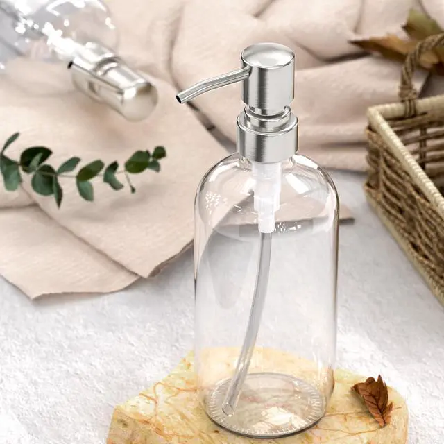 Alt view image 4 of 7 - Soap Dispenser, 2 Pack Glass Soap Dispenser with Pump Stainless Steel, 17 Oz Hand Soap Bottles Bathroom Kitchen, Clear
