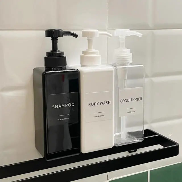 Alt view image 5 of 6 - Shampoo and Conditioner Dispenser, Refillable Plastic Shampoo Pump Bottles with Waterproof Labels, Empty Body Wash Dispenser Set for Bathroom, Shower Soap Bottles (Black, Set of 3, 16.9oz)