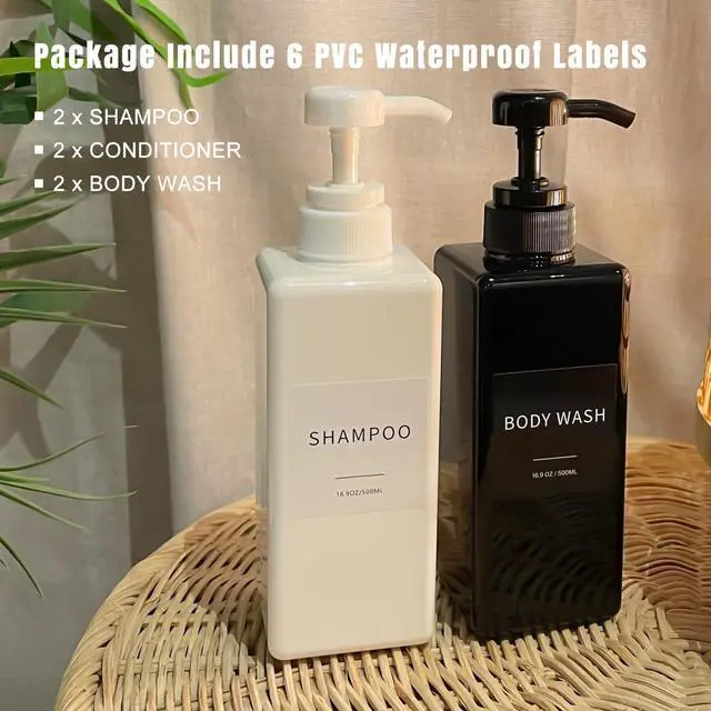 Alt view image 3 of 6 - Shampoo and Conditioner Dispenser, Refillable Plastic Shampoo Pump Bottles with Waterproof Labels, Empty Body Wash Dispenser Set for Bathroom, Shower Soap Bottles (Black, Set of 3, 16.9oz)