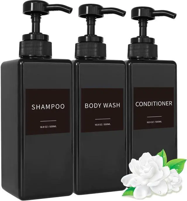 Main image of Shampoo and Conditioner Dispenser, Refillable Plastic Shampoo Pump Bottles with Waterproof Labels, Empty Body Wash Dispenser Set for Bathroom, Shower Soap Bottles (Black, Set of 3, 16.9oz)