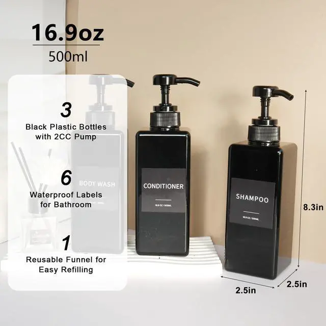 Alt view image 2 of 6 - Shampoo and Conditioner Dispenser, Refillable Plastic Shampoo Pump Bottles with Waterproof Labels, Empty Body Wash Dispenser Set for Bathroom, Shower Soap Bottles (Black, Set of 3, 16.9oz)