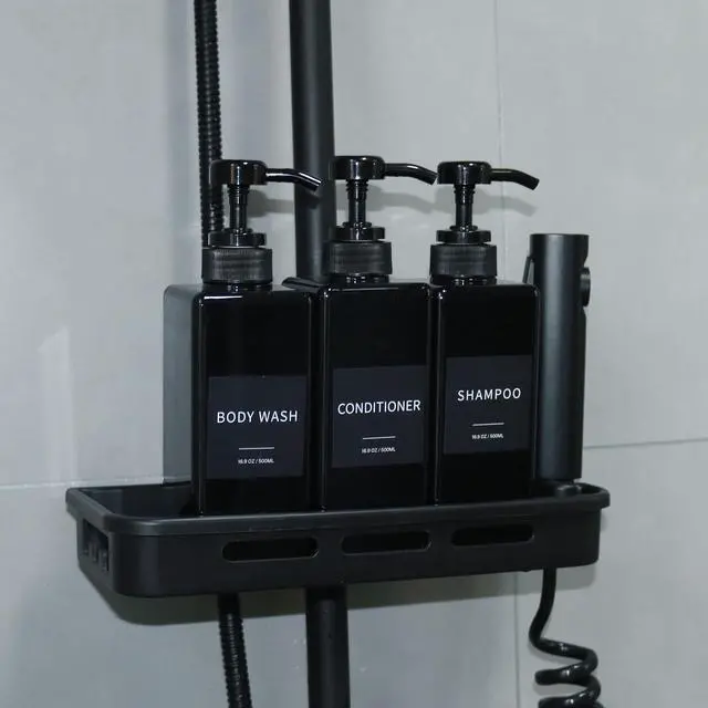 Alt view image 4 of 6 - Shampoo and Conditioner Dispenser, Refillable Plastic Shampoo Pump Bottles with Waterproof Labels, Empty Body Wash Dispenser Set for Bathroom, Shower Soap Bottles (Black, Set of 3, 16.9oz)