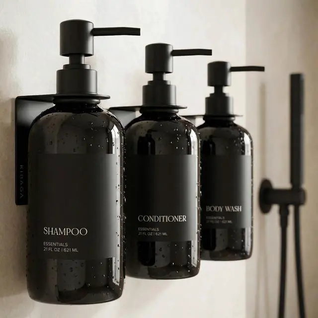 Main image of Stylish Shampoo and Conditioner Dispenser Set of 3 for Wall Mount - Modern Drill Free 21oz Shower Soap Bottles with Labels - Easy Refill Body Wash Dispensers for an Instant Bathroom Decor Upgrade