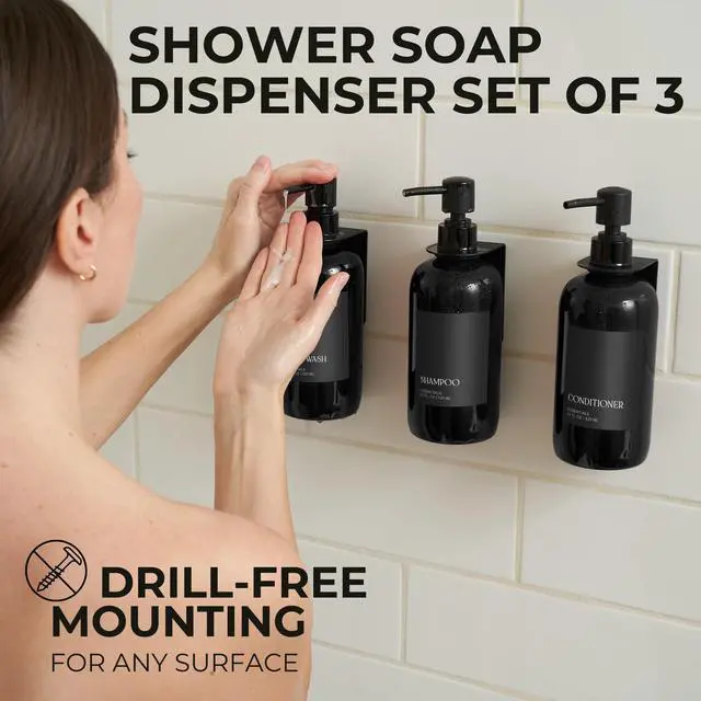 Alt view image 2 of 7 - Stylish Shampoo and Conditioner Dispenser Set of 3 for Wall Mount - Modern Drill Free 21oz Shower Soap Bottles with Labels - Easy Refill Body Wash Dispensers for an Instant Bathroom Decor Upgrade