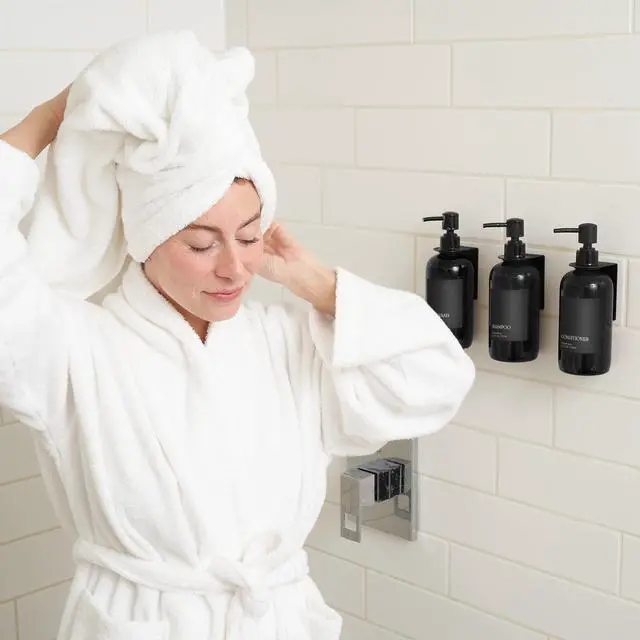 Alt view image 3 of 7 - Stylish Shampoo and Conditioner Dispenser Set of 3 for Wall Mount - Modern Drill Free 21oz Shower Soap Bottles with Labels - Easy Refill Body Wash Dispensers for an Instant Bathroom Decor Upgrade