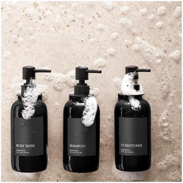 Alt view image 5 of 7 - Stylish Shampoo and Conditioner Dispenser Set of 3 for Wall Mount - Modern Drill Free 21oz Shower Soap Bottles with Labels - Easy Refill Body Wash Dispensers for an Instant Bathroom Decor Upgrade