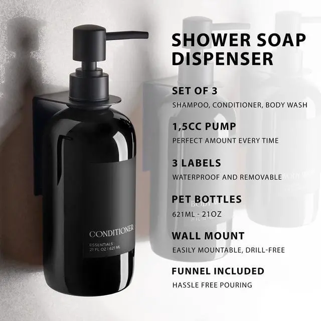 Alt view image 7 of 7 - Stylish Shampoo and Conditioner Dispenser Set of 3 for Wall Mount - Modern Drill Free 21oz Shower Soap Bottles with Labels - Easy Refill Body Wash Dispensers for an Instant Bathroom Decor Upgrade