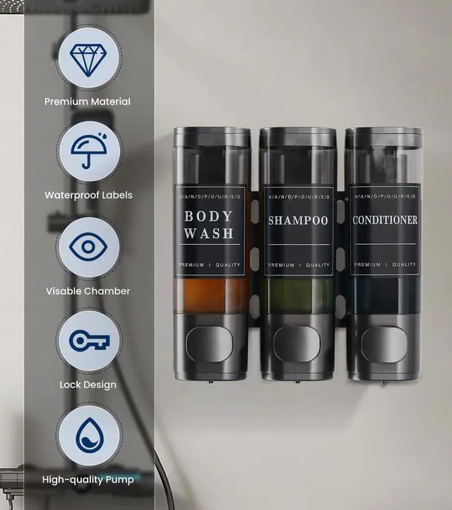 Alt view image 2 of 7 - Shower Soap Dispenser Wall Mounted No Drill Shampoo Dispenser for Shower Wall Shampoo and Conditioner Dispenser Bathroom Hotel 3 * 350ml Gungray with Labels