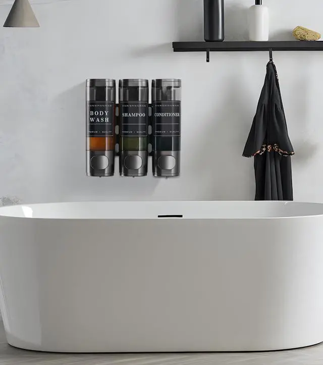 Alt view image 5 of 7 - Shower Soap Dispenser Wall Mounted No Drill Shampoo Dispenser for Shower Wall Shampoo and Conditioner Dispenser Bathroom Hotel 3 * 350ml Gungray with Labels