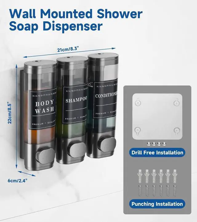 Alt view image 6 of 7 - Shower Soap Dispenser Wall Mounted No Drill Shampoo Dispenser for Shower Wall Shampoo and Conditioner Dispenser Bathroom Hotel 3 * 350ml Gungray with Labels