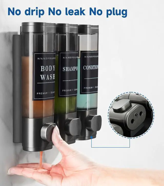 Alt view image 3 of 7 - Shower Soap Dispenser Wall Mounted No Drill Shampoo Dispenser for Shower Wall Shampoo and Conditioner Dispenser Bathroom Hotel 3 * 350ml Gungray with Labels