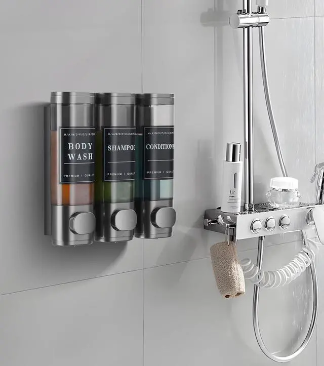 Alt view image 7 of 7 - Shower Soap Dispenser Wall Mounted No Drill Shampoo Dispenser for Shower Wall Shampoo and Conditioner Dispenser Bathroom Hotel 3 * 350ml Gungray with Labels
