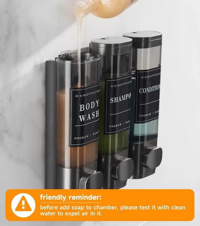 Alt view image 4 of 7 - Shower Soap Dispenser Wall Mounted No Drill Shampoo Dispenser for Shower Wall Shampoo and Conditioner Dispenser Bathroom Hotel 3 * 350ml Gungray with Labels