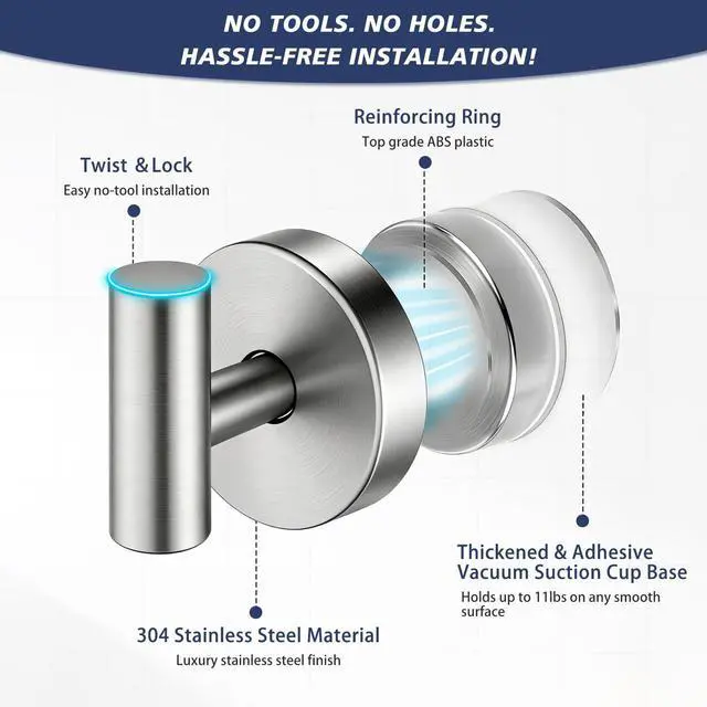 Alt view image 4 of 7 - Waterproof No-Drilling Suction Cup Shower Hooks, Brushed Nickel
