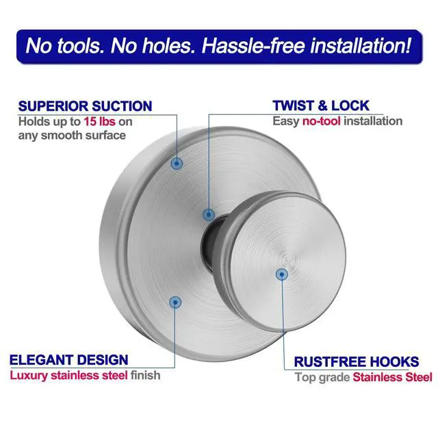 Alt view image 6 of 7 - Suction Cup Hooks for Shower, Removable Towel Hooks for Bathroom Window Glass Door Wall, Bath Robe Looafh Hook for Hanging - 2 Pack, Silver