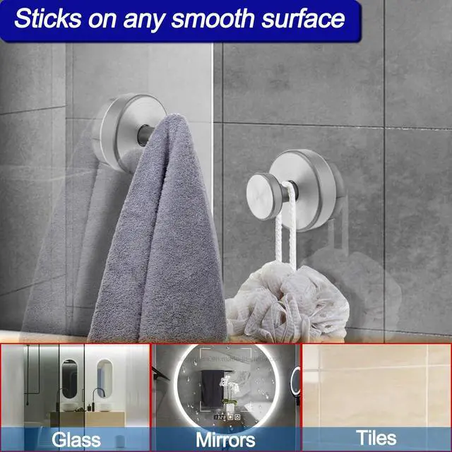 Alt view image 4 of 7 - Suction Cup Hooks for Shower, Removable Towel Hooks for Bathroom Window Glass Door Wall, Bath Robe Looafh Hook for Hanging - 2 Pack, Silver