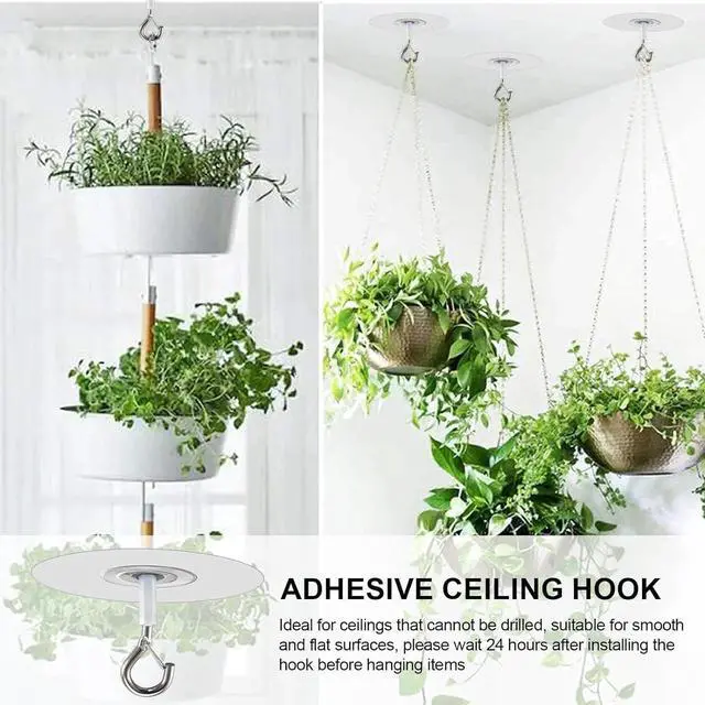 Alt view image 5 of 7 - 2Pcs Adhesive Ceiling Hook - Weight-Bearing Stick-On Ceiling Hook, Sticky | Drill Free Hanging Hook with Safety Clasp, Water Resistant for Plants Chimes Storage