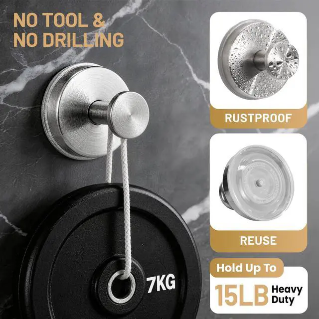 Alt view image 2 of 7 - Large Suction Cup Hooks, Heavy Duty 15lb Holds Towel & Robe, No-Drill Shower Bathroom Hooks for Tile Wall Glass Mirror, Mounts on Smooth Non-Porous Surfaces (2 Pack, Brushed Nickel)