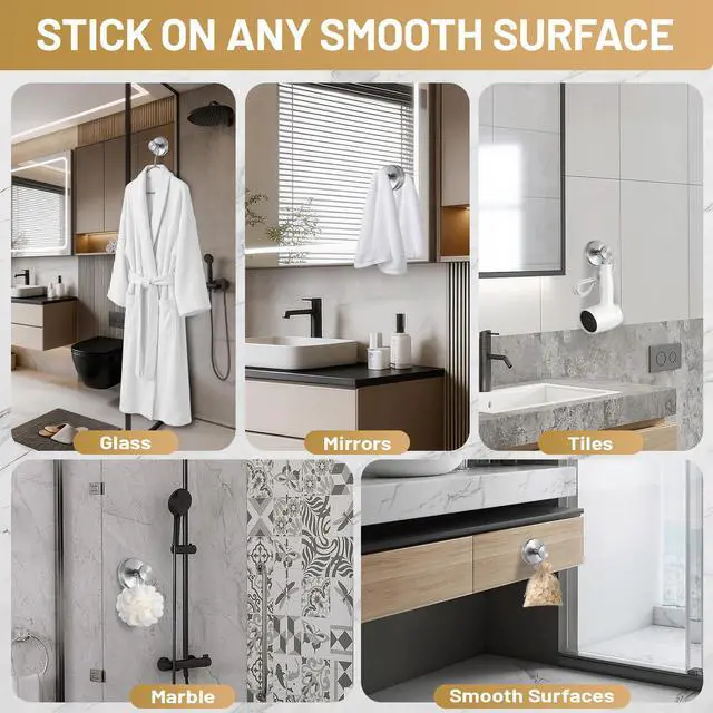 Alt view image 3 of 7 - Large Suction Cup Hooks, Heavy Duty 15lb Holds Towel & Robe, No-Drill Shower Bathroom Hooks for Tile Wall Glass Mirror, Mounts on Smooth Non-Porous Surfaces (2 Pack, Brushed Nickel)