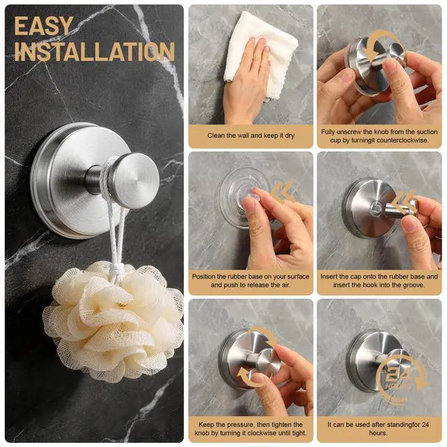 Alt view image 6 of 7 - Large Suction Cup Hooks, Heavy Duty 15lb Holds Towel & Robe, No-Drill Shower Bathroom Hooks for Tile Wall Glass Mirror, Mounts on Smooth Non-Porous Surfaces (2 Pack, Brushed Nickel)